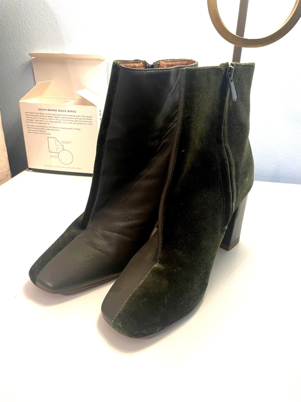 JAGGAR The Label Velvet & Leather Block Heel Ankle Boot Dark Olive Green Sz 39